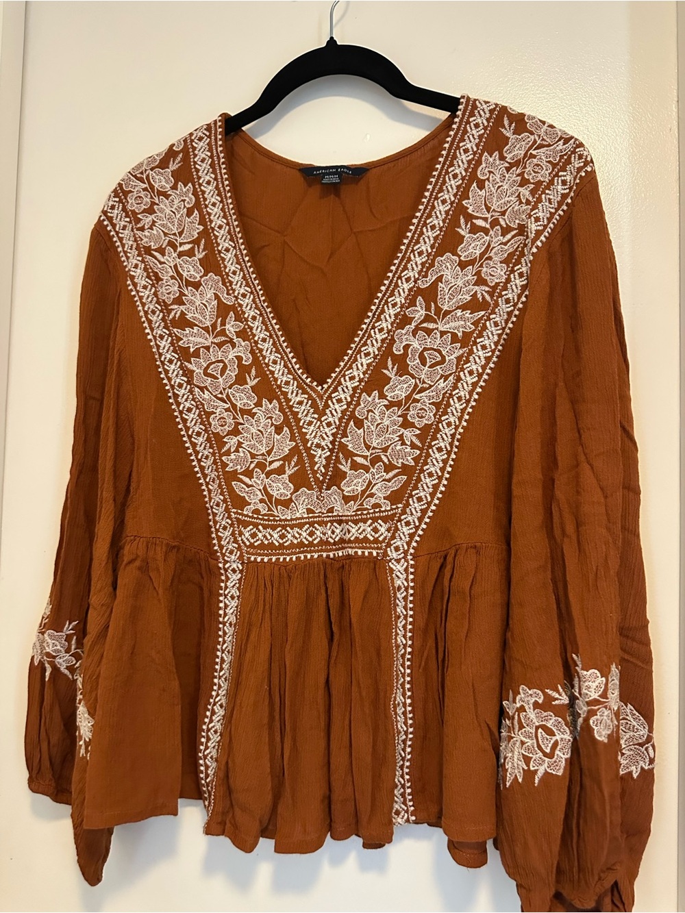 American Eagle Outfitters Rust Embroidered V-Neck Tunic